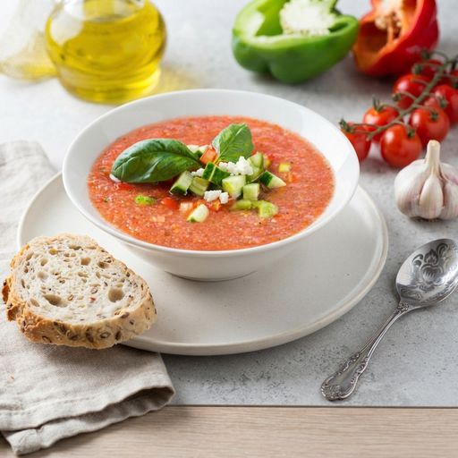 Cold tomato, cucumber, watermelon and feta soup