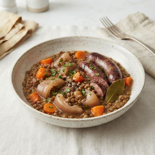 Lentils, sausages and pork rinds