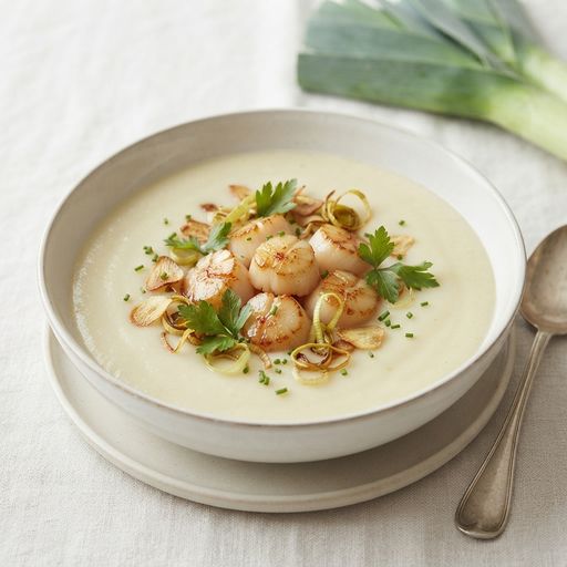 Sweet potato and leek velouté with scallops