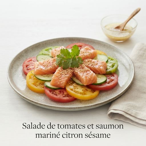 Tomato salad with lemon-sesame marinated salmon