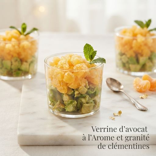 Avocado verrine with Arome and clementine granita