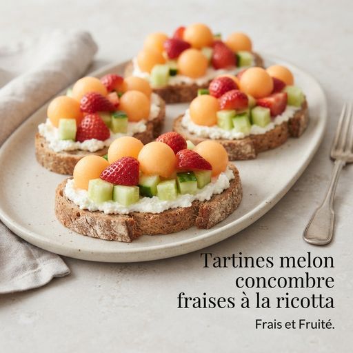Melon, cucumber and strawberry tartines with ricotta
