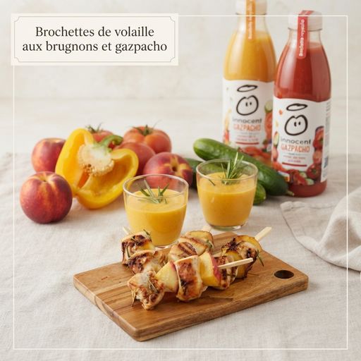 Poultry skewers with nectarines and gazpacho
