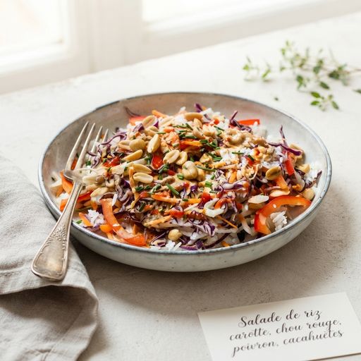 Rice salad with carrots, red cabbage, bell pepper, and peanuts