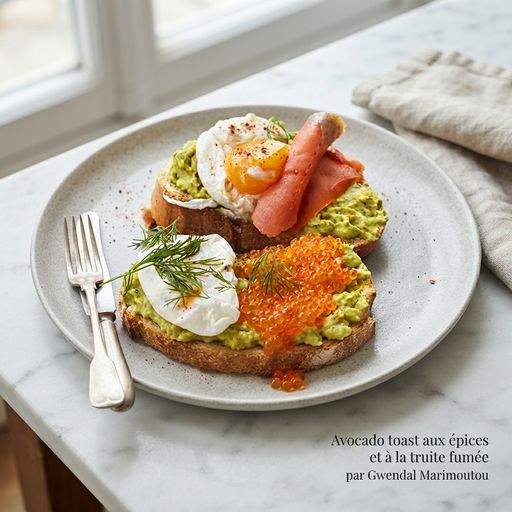 Spiced avocado toast with smoked trout by Gwendal Marimoutou