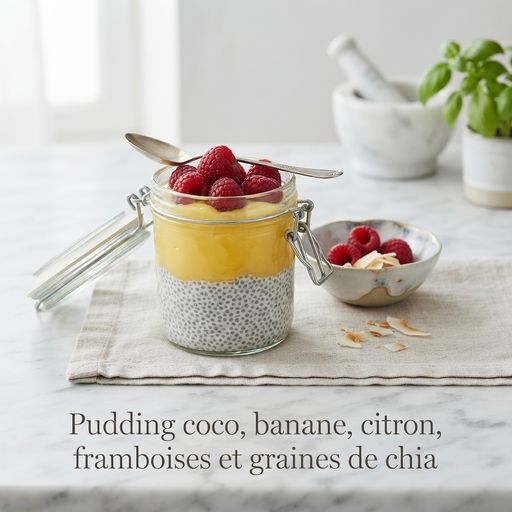 Coconut, banana, lemon, raspberry and chia seed pudding