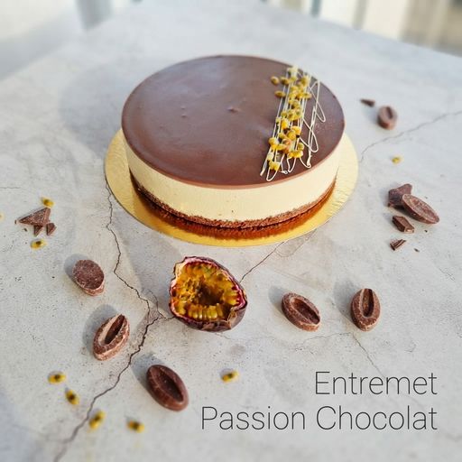 Passion fruit and chocolate entremet