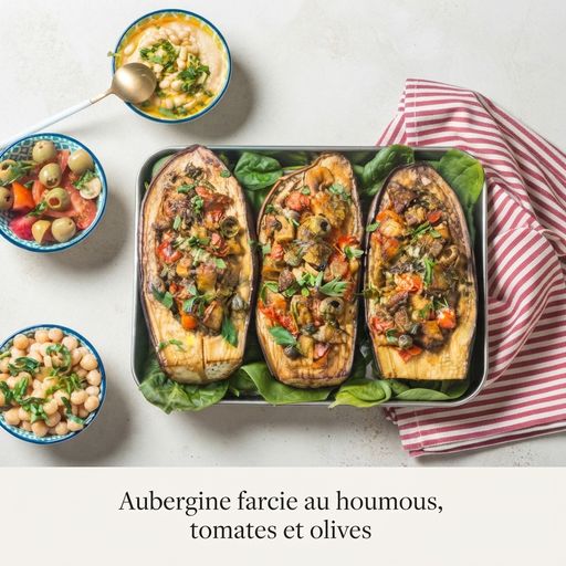 Hummus-stuffed eggplant with tomatoes and olives