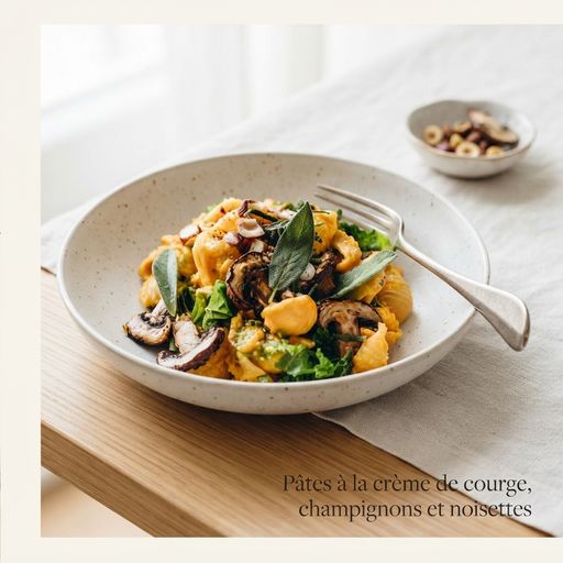 Pâtes à la crème de courge, champignons et noisettes