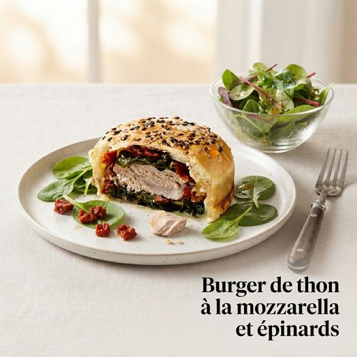 Tuna burger with mozzarella and spinach