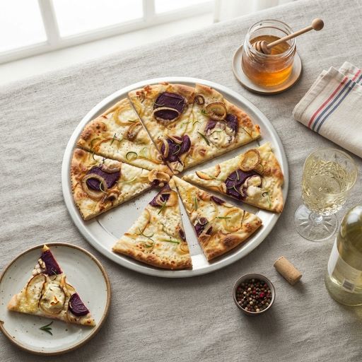 Potato, goat cheese and beetroot pizza
