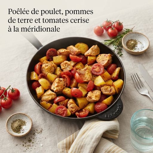 Mediterranean-style chicken, potato, and cherry tomato stir-fry