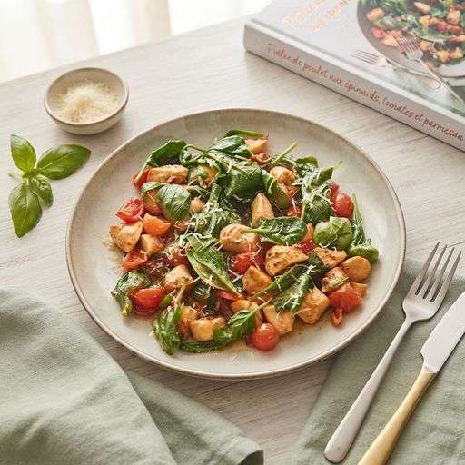 Chicken stir-fry with spinach, tomatoes and parmesan