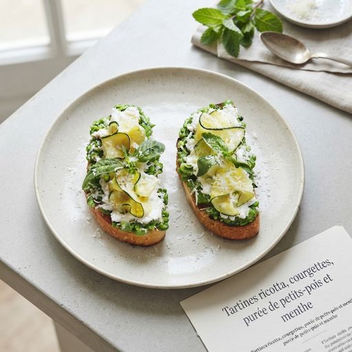 Ricotta, zucchini, pea puree and mint tartines
