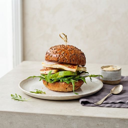 Halloumi, avocado and arugula veggie burger