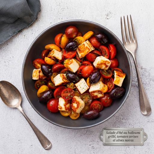 Summer salad with grilled halloumi, cherry tomatoes and black olives