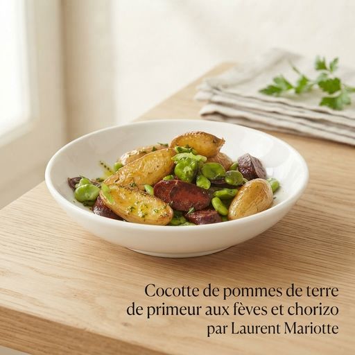 New potato casserole with fava beans and chorizo by Laurent Mariotte