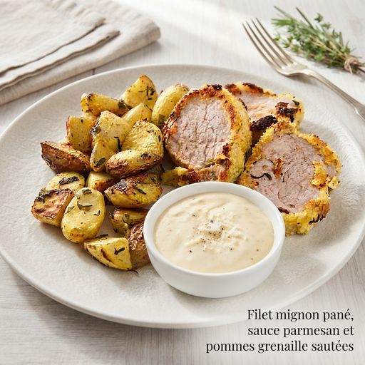 Breaded filet mignon, parmesan sauce and sautéed baby potatoes