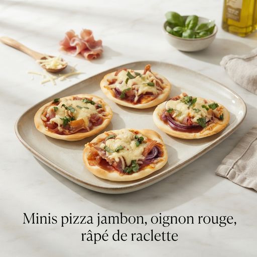 Mini pizzas with ham, red onion, and grated raclette