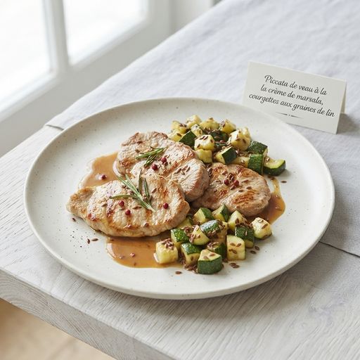 Veal piccata with marsala cream, zucchini with flax seeds