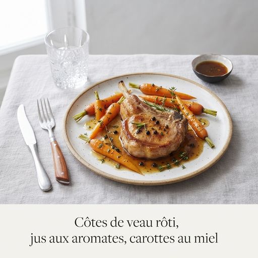 Roasted veal chops, aromatic jus, honey-glazed carrots