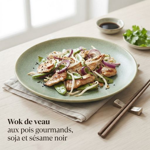 Veal wok with snow peas, soy, and black sesame