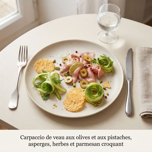 Veal carpaccio with olives and pistachios, asparagus, herbs and crunchy parmesan